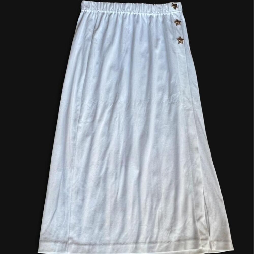 RARE USA made y2k vintage White maxi skirt w/a triple gold star hip detail. L.